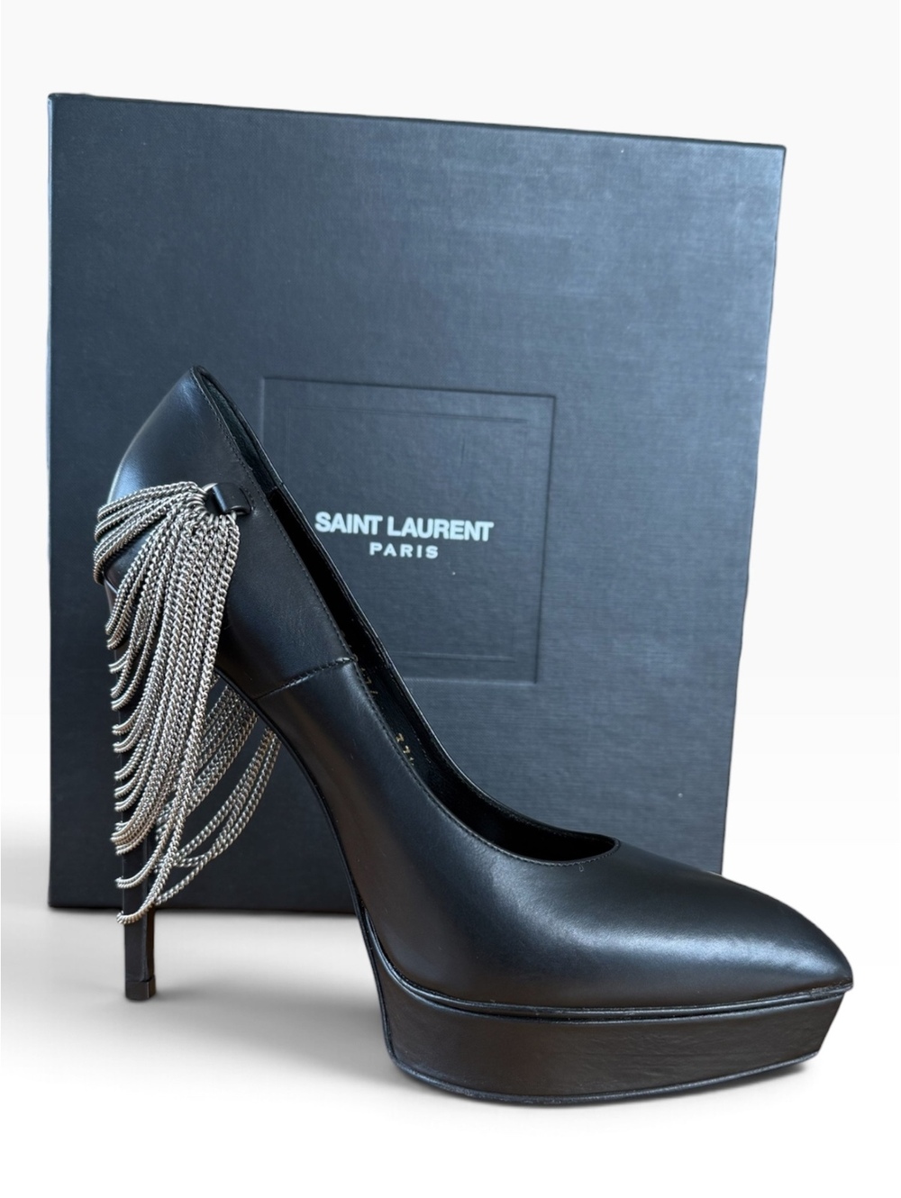 RARE Saint Laurent Janis LARGE CHAIN Platform Pumps Black Leather 37.5 Box YSL